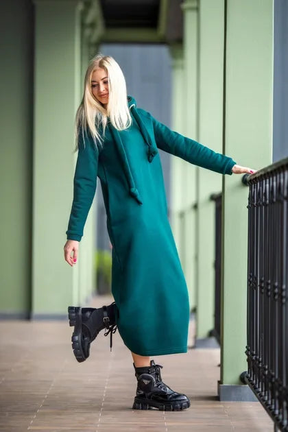 Women Fashion  New Loose Large Knitted Hooded Autumn Winter Long Dress Velvet Hoodie Dress Casual Dress Splicing Warm Dress