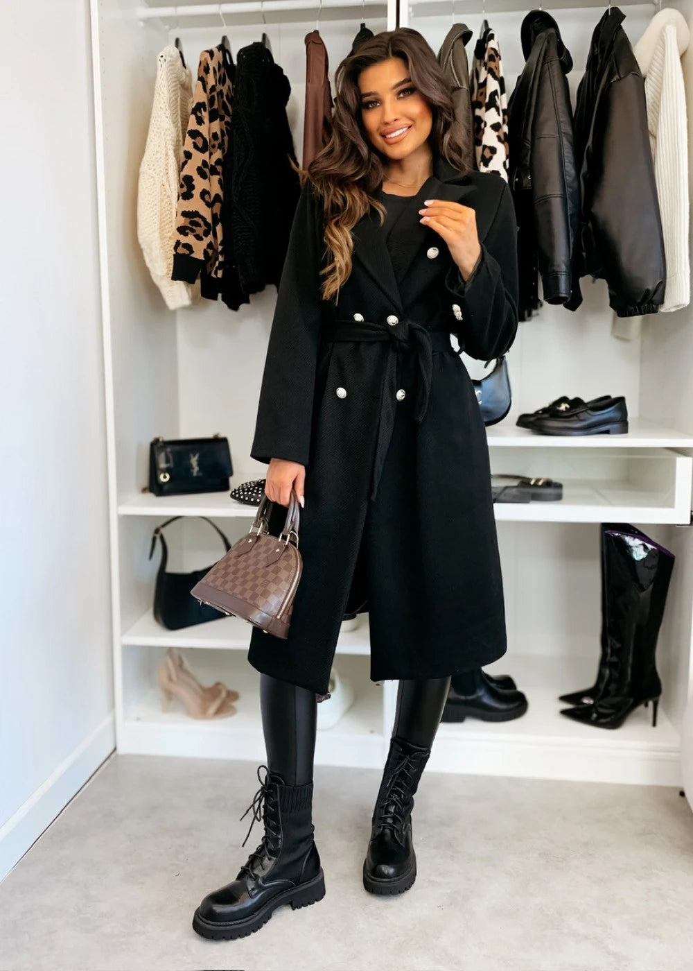 Women's Woolen Coat Autumn Winter Vintage Elegant Double Breasted Trench Coat Women Brown Long Sleeved Midi Windbreaker Jacket