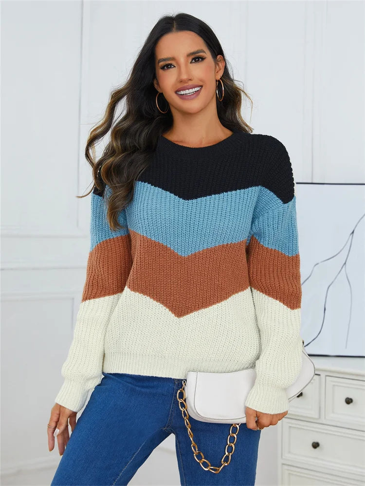 Fashion Women Sweater Winter Autmn Casual O Neckl Splicing Color Long Sleeve Knitwear Streetwear Striped Pullover Tops Jumpers