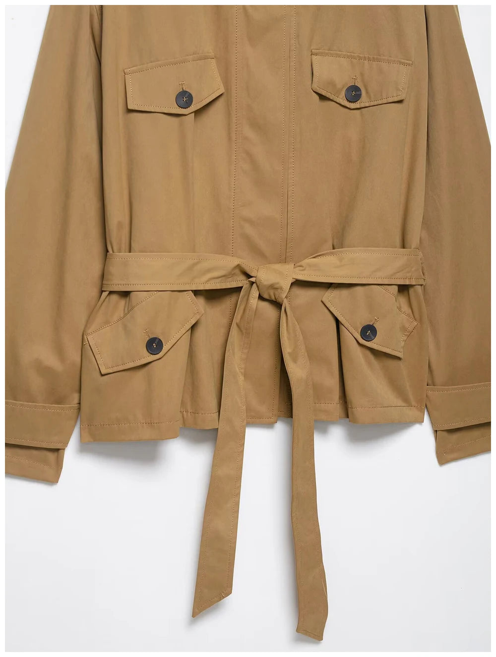 Women Fashion Cinched Waist Short Workwear Jacket Stand Collar Belted Trendy And Versatile Trench Coat Casual Stylish Streetwear