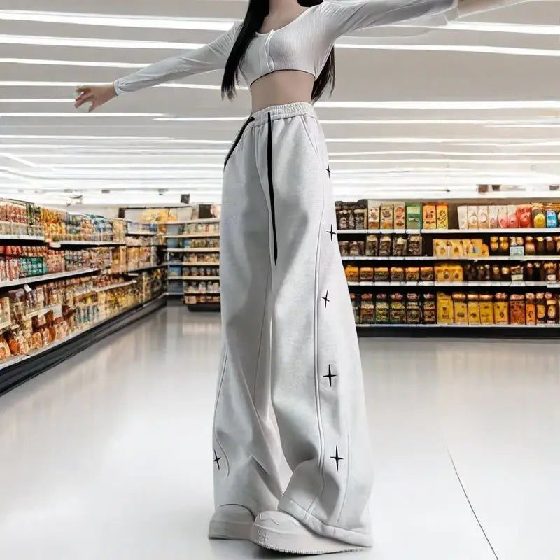 Wide-leg Trousers for Women Spring Summer Loose Thin Style Trendy for Students Petite Casual Sportswear, Straight-leg Pants