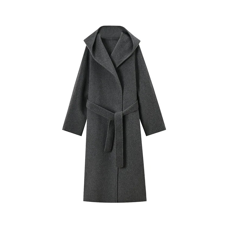 Office Lady Cashmere Woolen Jackets 2024 Autumn And Winter High-Grade Hooded Bathrobe Style Loose Lace-Up Long Women Wool Coats