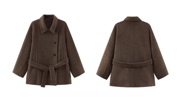 Women Elegant Wool-Like Winter Short Coat Brown Belted Jacket Warm Casual Outerwear for Lady with High Neck and Waist Tie Design