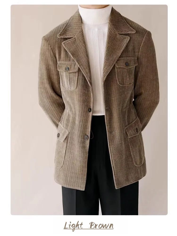 Corduroy Jackets For Man Elegant Men's Suits Comfortable Work Wear Male Blazer Luxury Man Jacket Winter Work Clothes Ribbed Coat