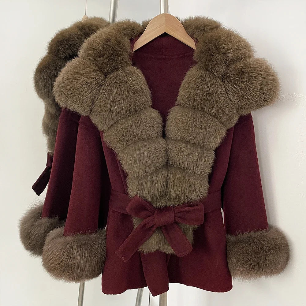 Wool Coat Women Woman New Fashion Winter Autumn Real Fur Jacket Luxury Real Fox Fur Coats Ladies Belt Design Woolen Outwear
