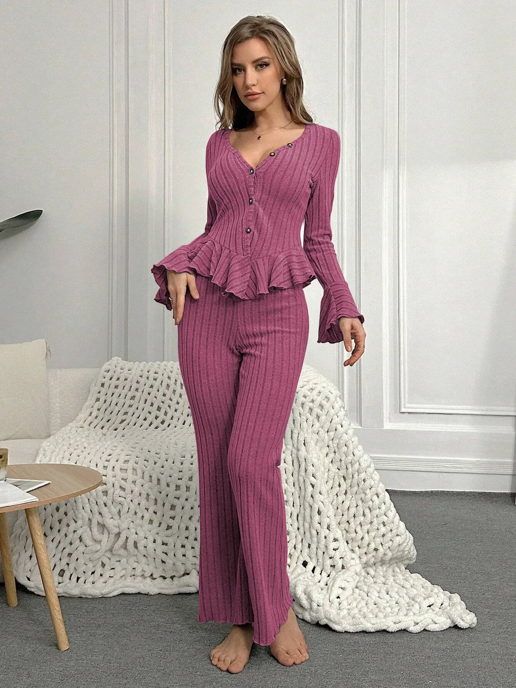 Women Sleepwear Autumn Winter Sexy Pajamas Sets Two Pieces V Neck Long Sleeve Tops and Trousers Set Loungewear Home Clothes