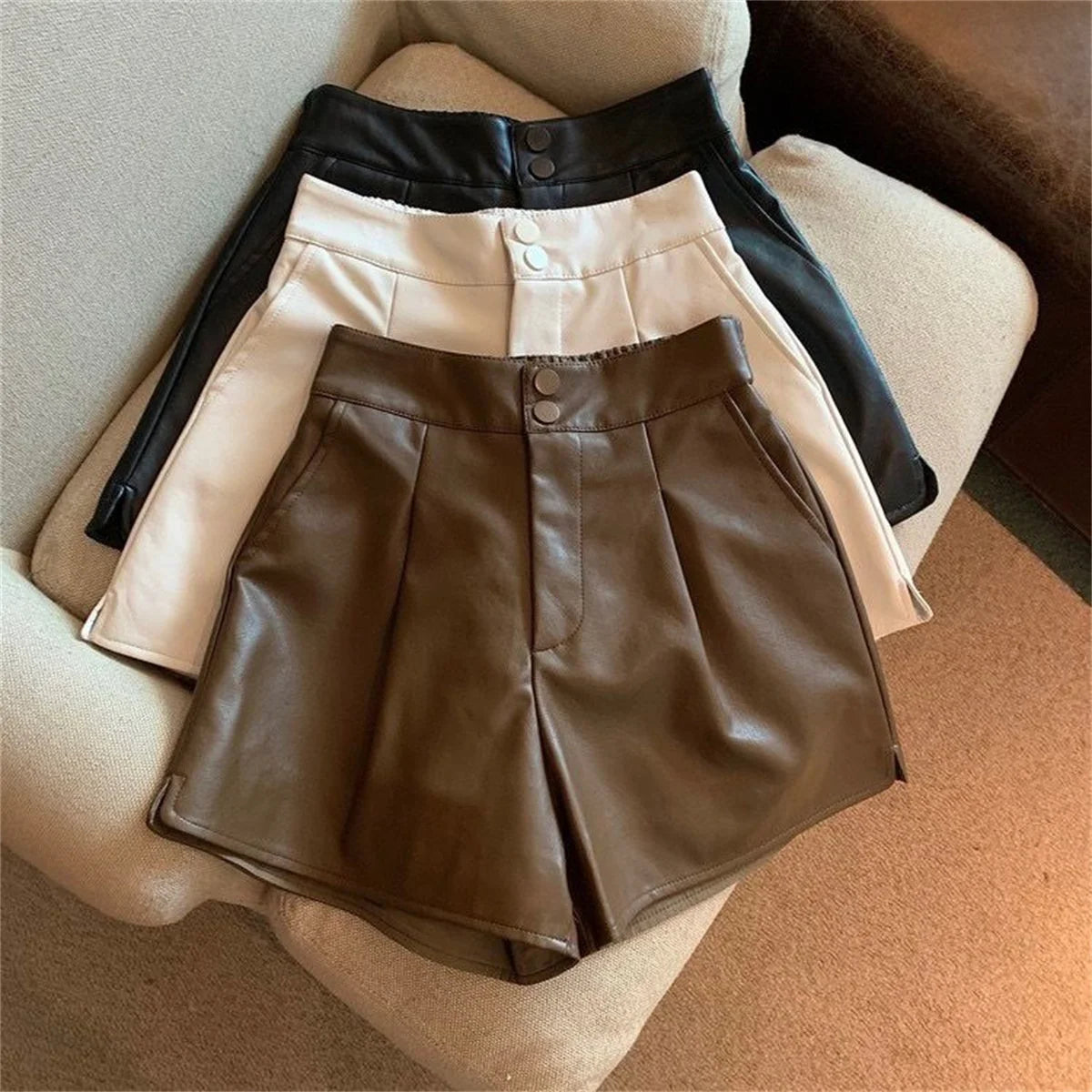 Fashion PU Shorts For Women 2025 Autumn Winter Retro New In Short Pant Solid High Waist Chic Shorts Lady Y2k Casual Street Wear