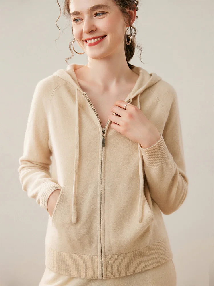 New Women 100% Cashmere Sweater Hooded Zipper Cardigan Cashmere  Autumn Winter Soft Long Sleeve Casual Simple Style Clothing Top