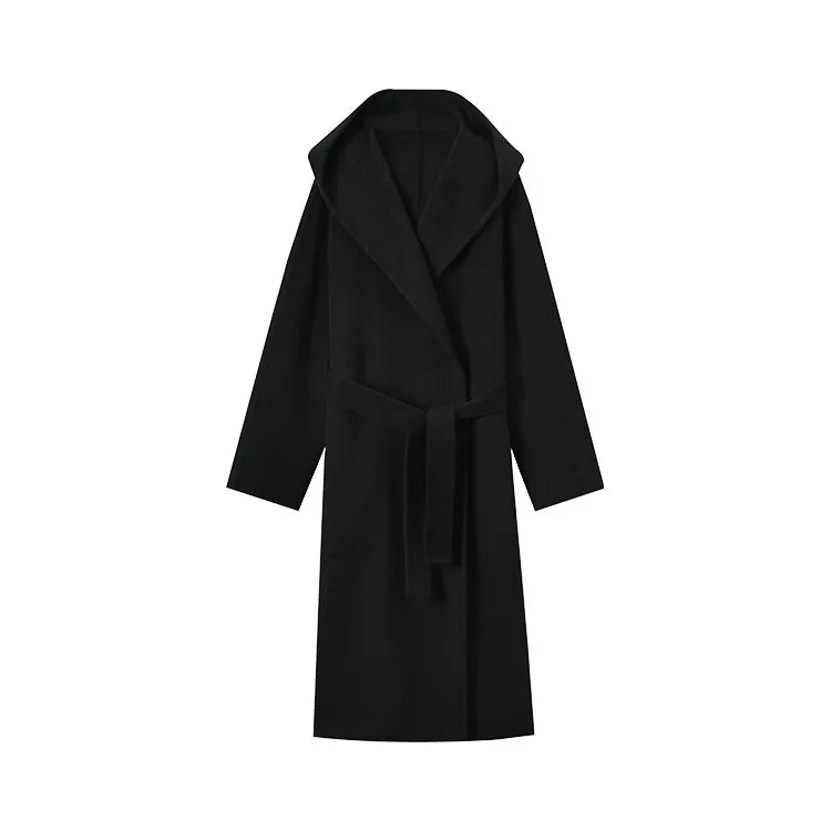 Office Lady Cashmere Woolen Jackets 2024 Autumn And Winter High-Grade Hooded Bathrobe Style Loose Lace-Up Long Women Wool Coats