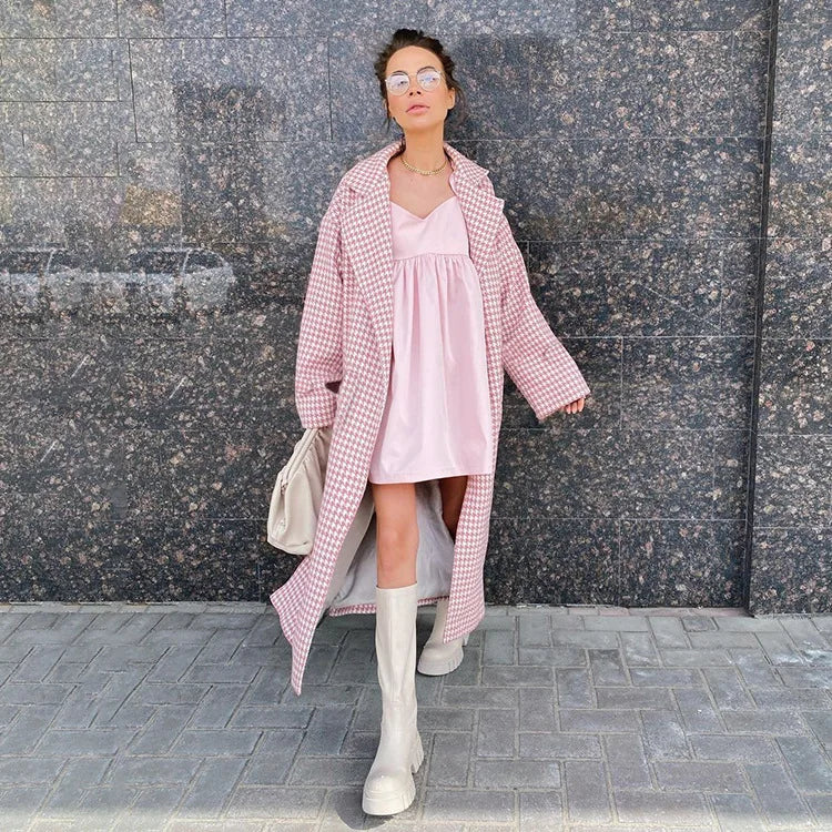 Long Coat Women Coats Work Turn Down Collar Houndstooth Thick Work Trench Streetwear Elegant Jackets Open Stith Autumn Winter