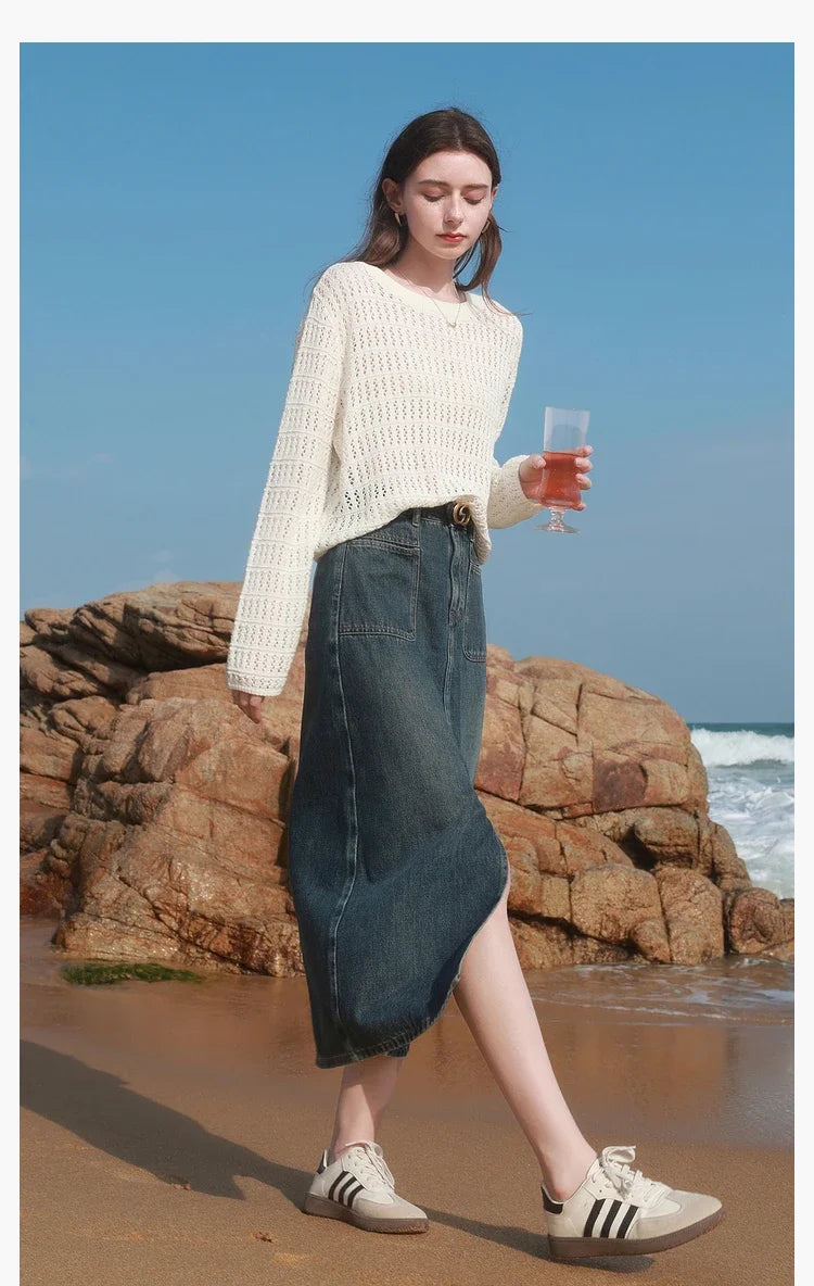 ITOOLIN Summer Women Long Sleeve Loose Casual Top Hollow Out Sexy Knit Shirt Beach Solid Y2k Pullovers Streetwear T-shirt 2024