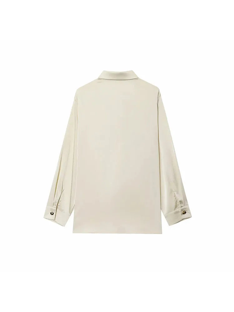 Women 2025 Autumn Winter New Silk Satin Blouse Turn-down Collar Single Breasted Long Sleeve Loose Blouse Fashion Shirt