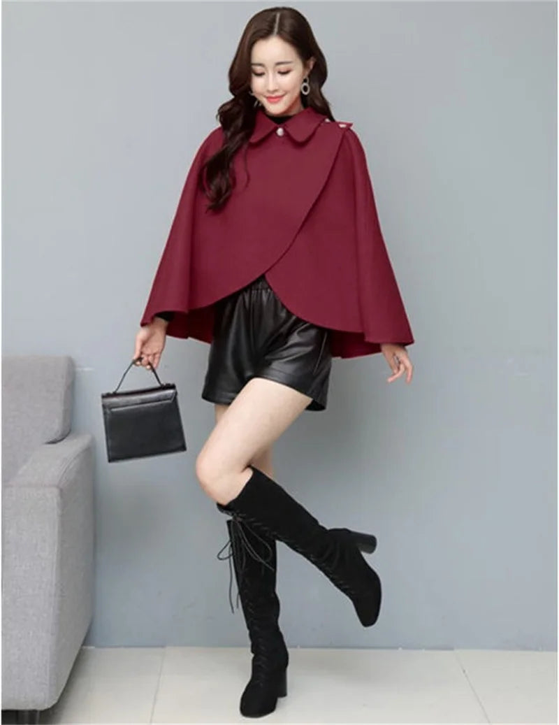 Fashion Woolen Shawl Coat For Women 2025 Autumn Winter New Woolen Jacket Short Outerwear Cape Red Black Coat Tops Female