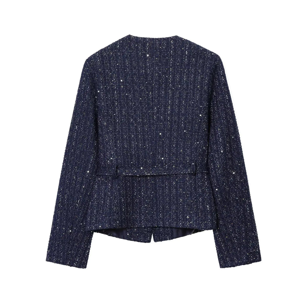 BSAY tweed jacket with belt women's clothing autumn winter new Round long sleeved button up outerwear chic France short coats