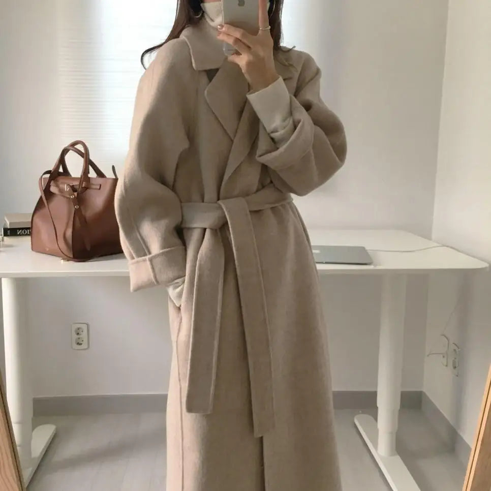 Elegant Woolen Coat Women's 2025 Autumn Winter Mid Length Adjustable Waist Thick Casual Long Sleeve Fashion Wool Coats Female