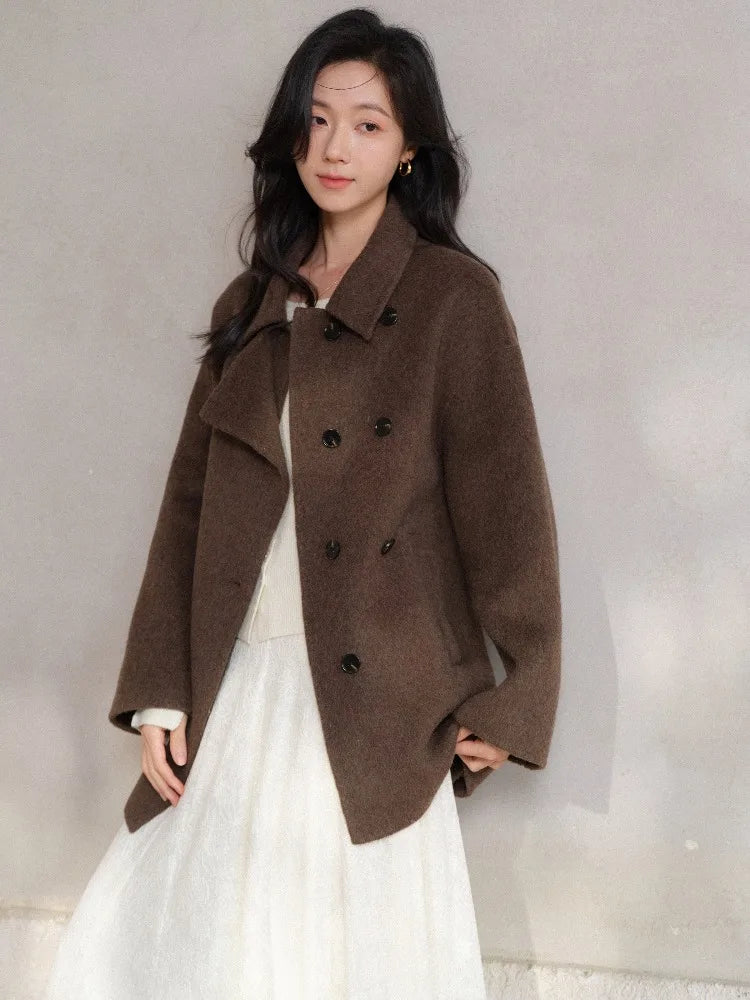 Women Elegant Wool-Like Winter Short Coat Brown Belted Jacket Warm Casual Outerwear for Lady with High Neck and Waist Tie Design