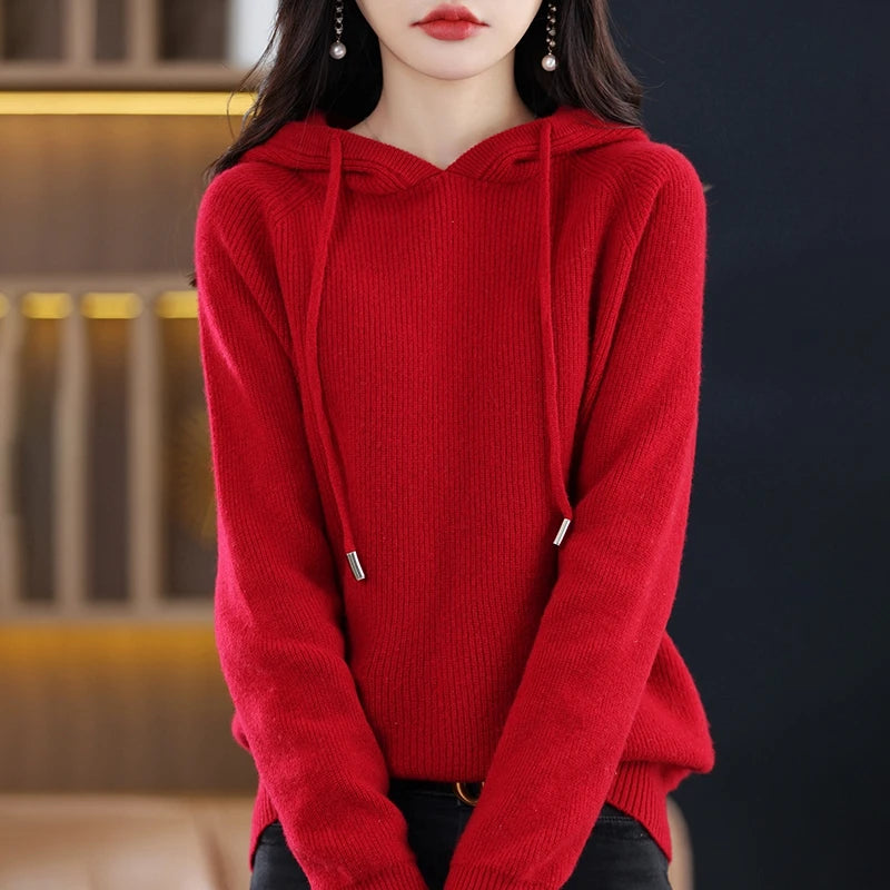 2023 New Cashmere hooded sweater Women Long Sleeve Autumn and Winter Knit hooded Pullover Solid Color Cashmere Base