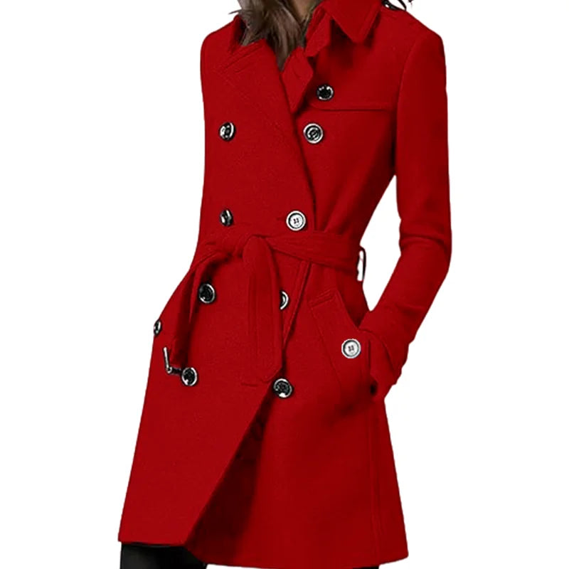 Women's Trench Coat Wool Blends Double Breasted Lining Jacket Belt Shoulder Badge Casual Coats Streetwear Women's Clothing
