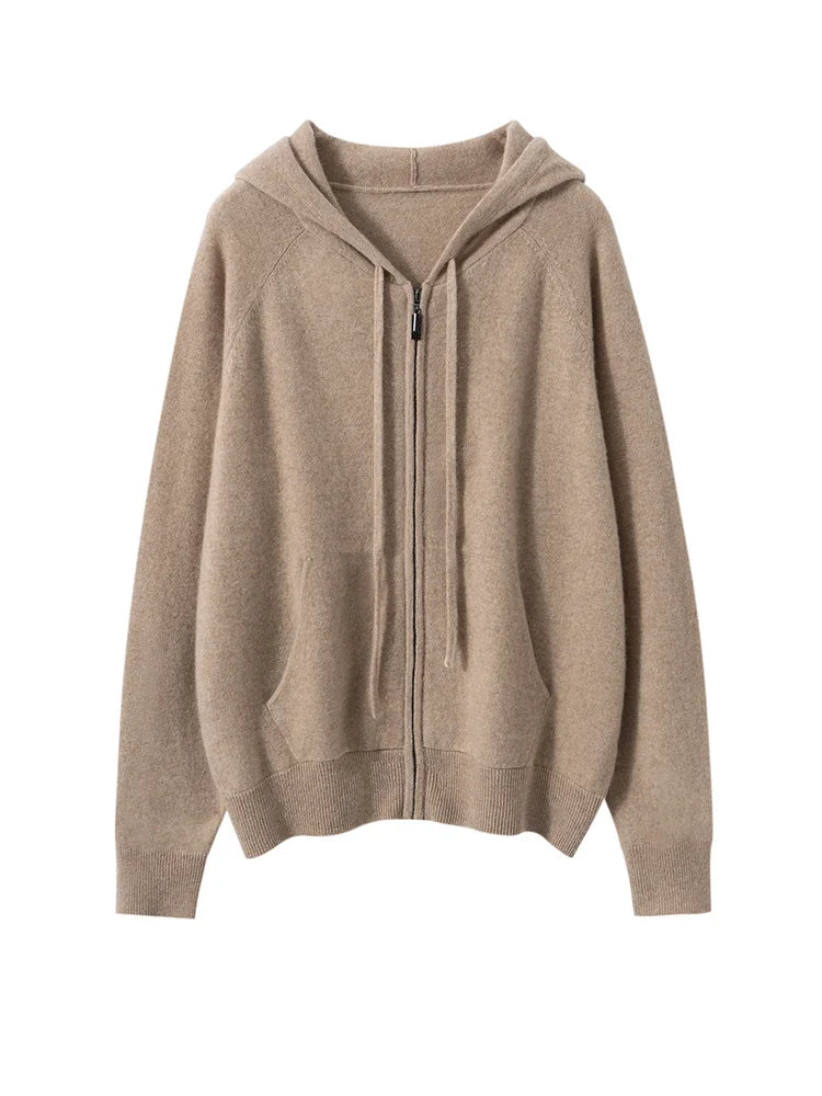 New Women 100% Cashmere Sweater Hooded Zipper Cardigan Cashmere  Autumn Winter Soft Long Sleeve Casual Simple Style Clothing Top