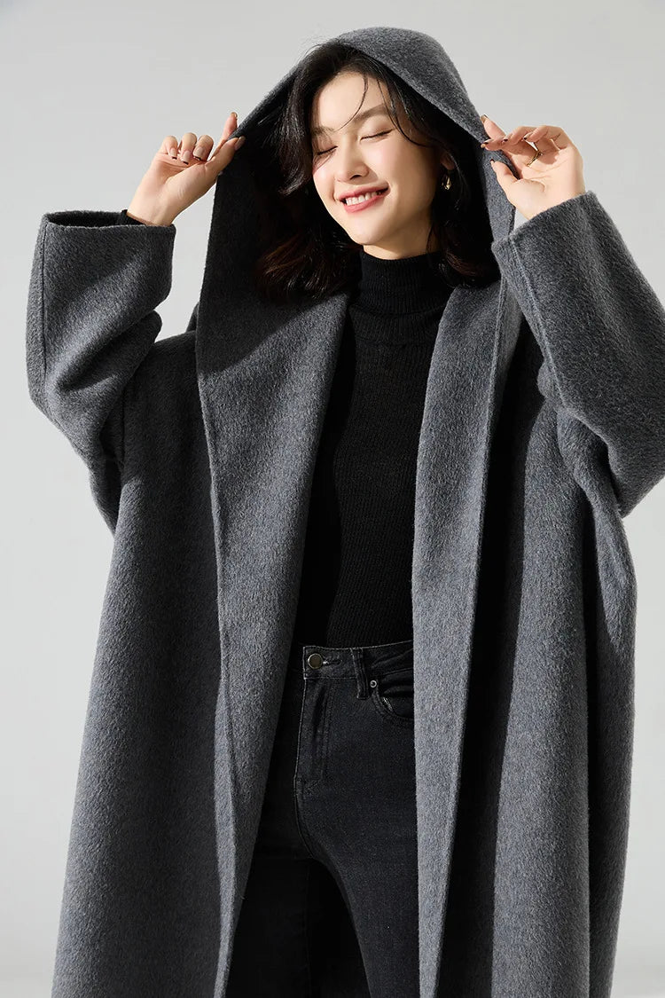 Office Lady Cashmere Woolen Jackets 2024 Autumn And Winter High-Grade Hooded Bathrobe Style Loose Lace-Up Long Women Wool Coats