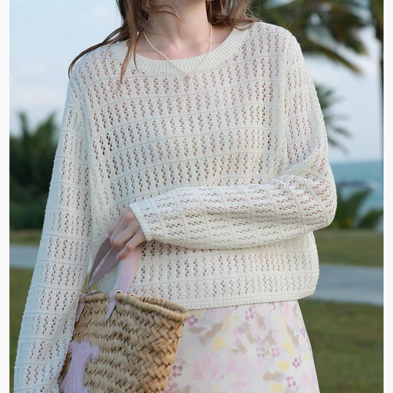 ITOOLIN Summer Women Long Sleeve Loose Casual Top Hollow Out Sexy Knit Shirt Beach Solid Y2k Pullovers Streetwear T-shirt 2024