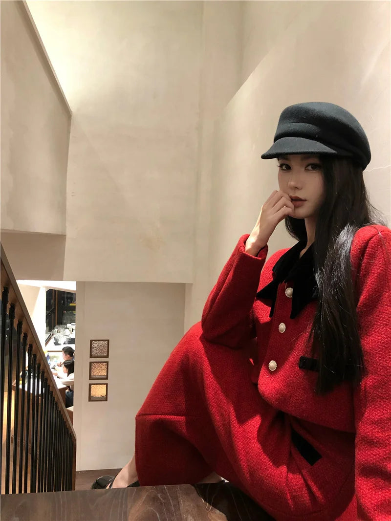 Winter Outfit Women 2024 New Elegant Lady Thickened 2 Pieces Sets Women Sweet Fashion Short Coat High Waist Long Skirt Suits