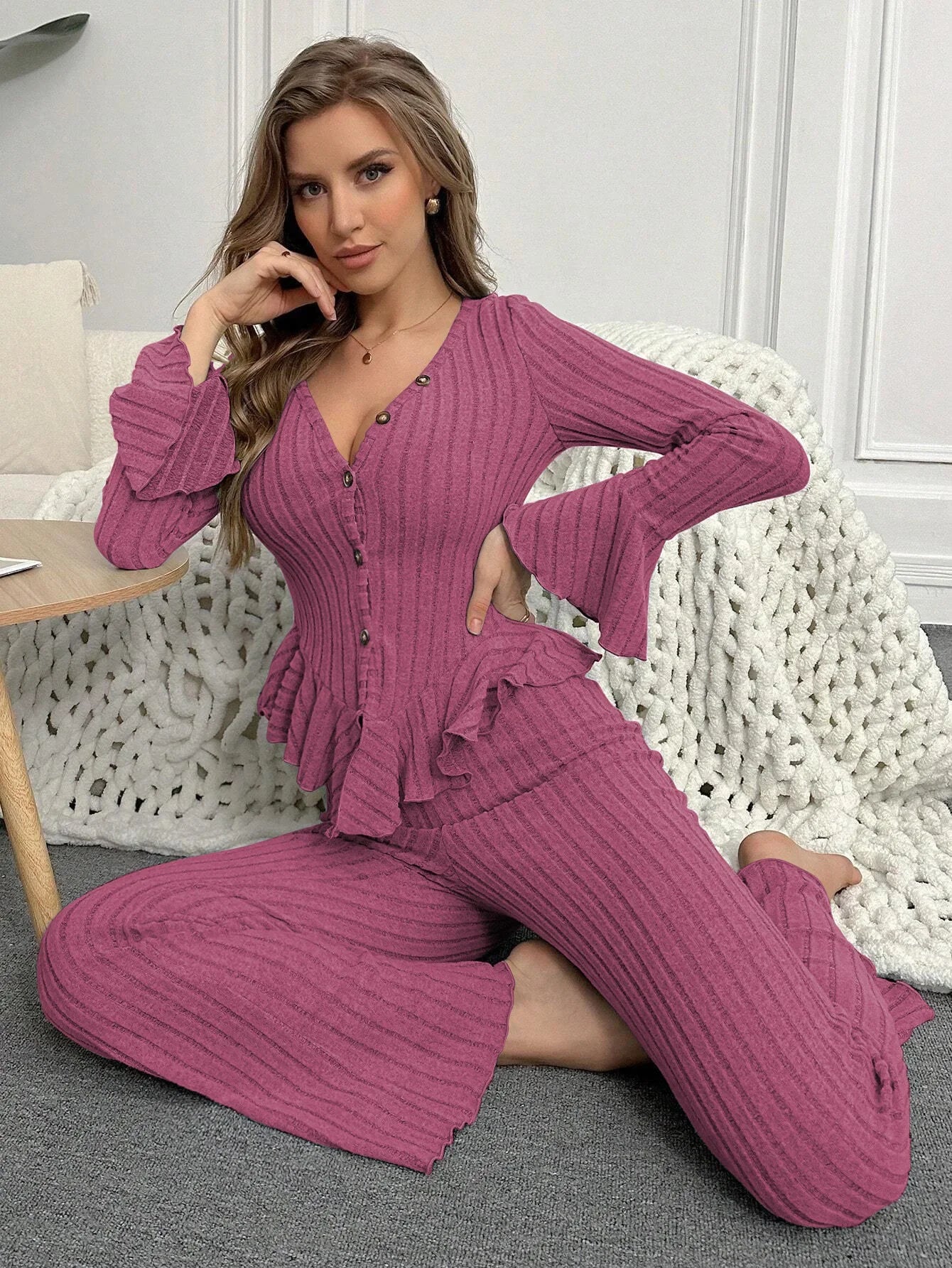 Women Sleepwear Autumn Winter Sexy Pajamas Sets Two Pieces V Neck Long Sleeve Tops and Trousers Set Loungewear Home Clothes