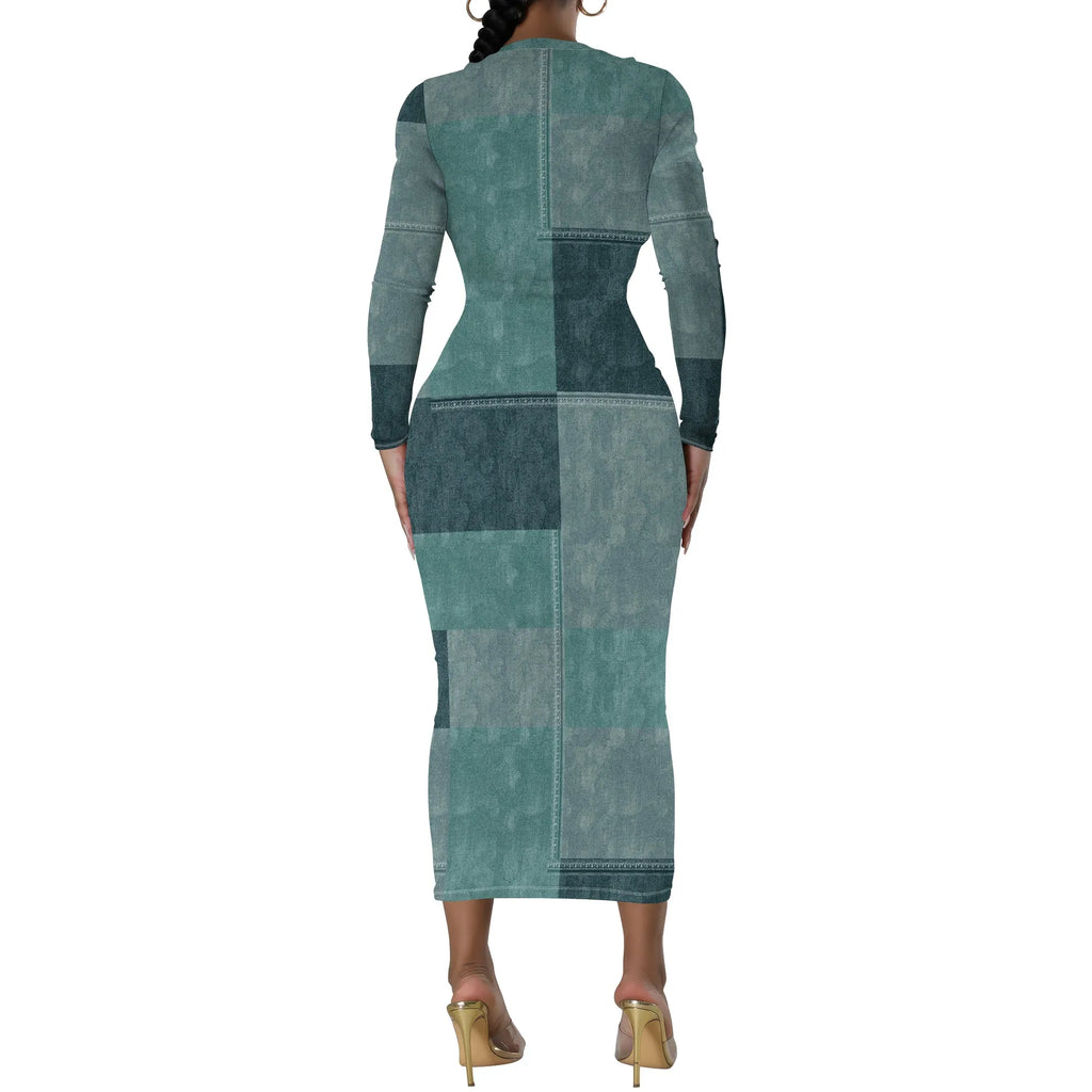 European and American women's fashion temperament casual print slim black dress