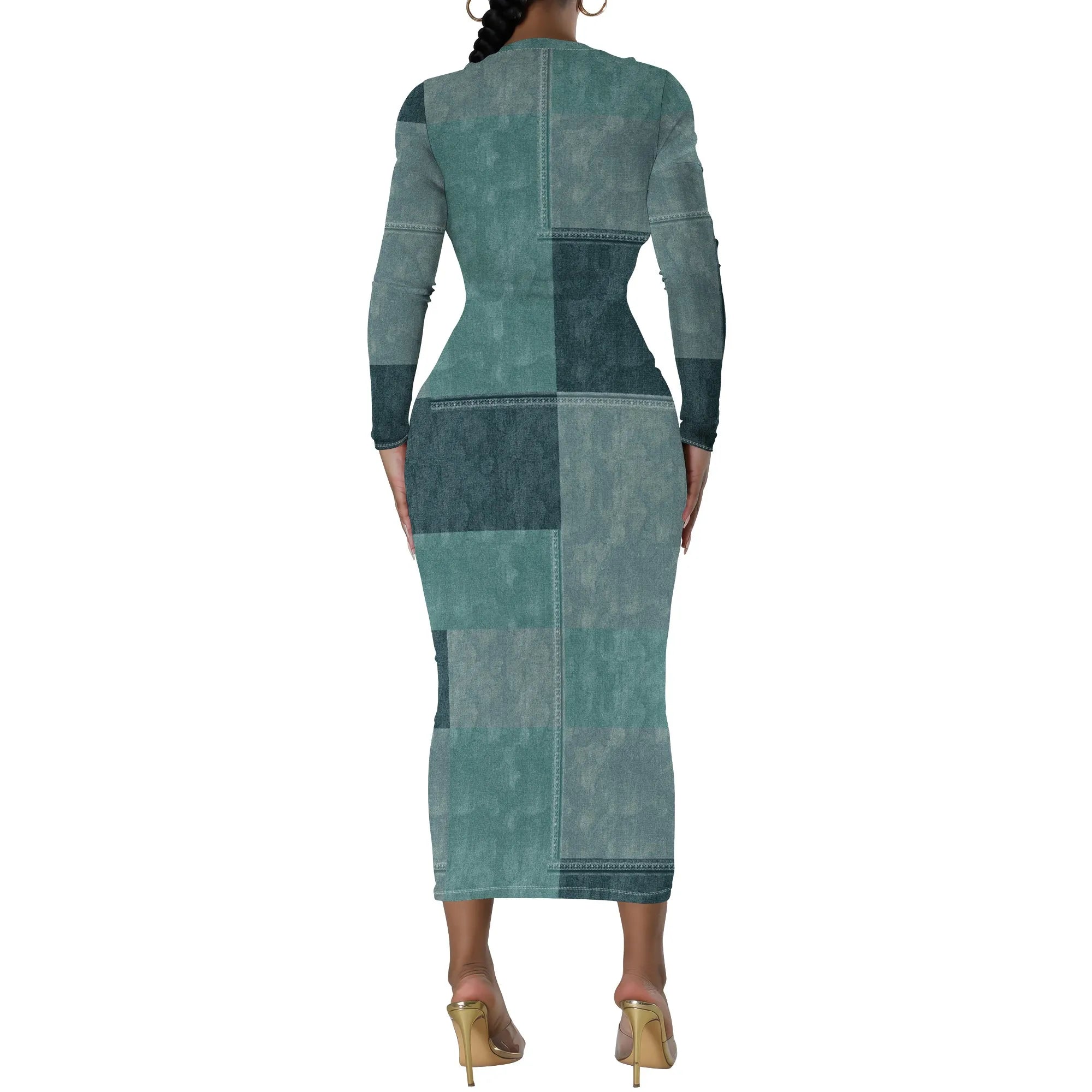 European and American women's fashion temperament casual print slim black dress