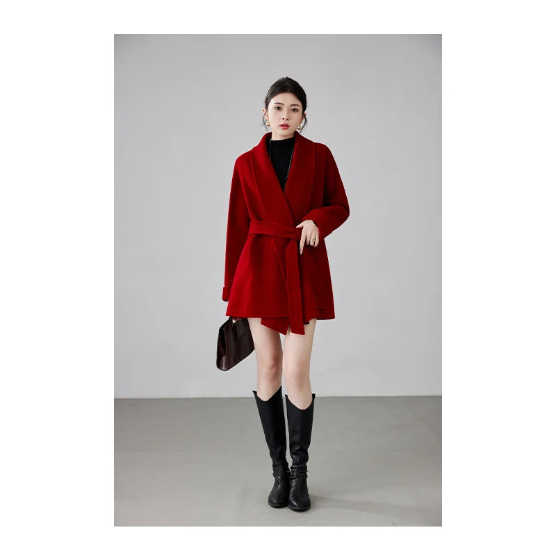 Women's Short Rose-red Double-sided Cashmere Coat | High-end (Wedding Bridal/New Year "War Robe") Woolen Outerwear