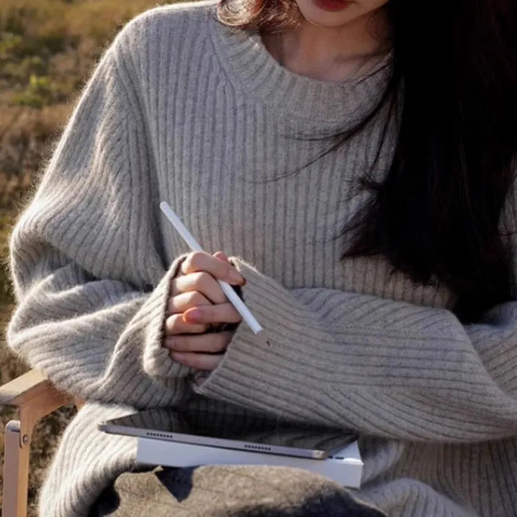 100% Cashmere sweater for women's autumn and winter loose and soft sweater wool knitted sweater round neck base layer
