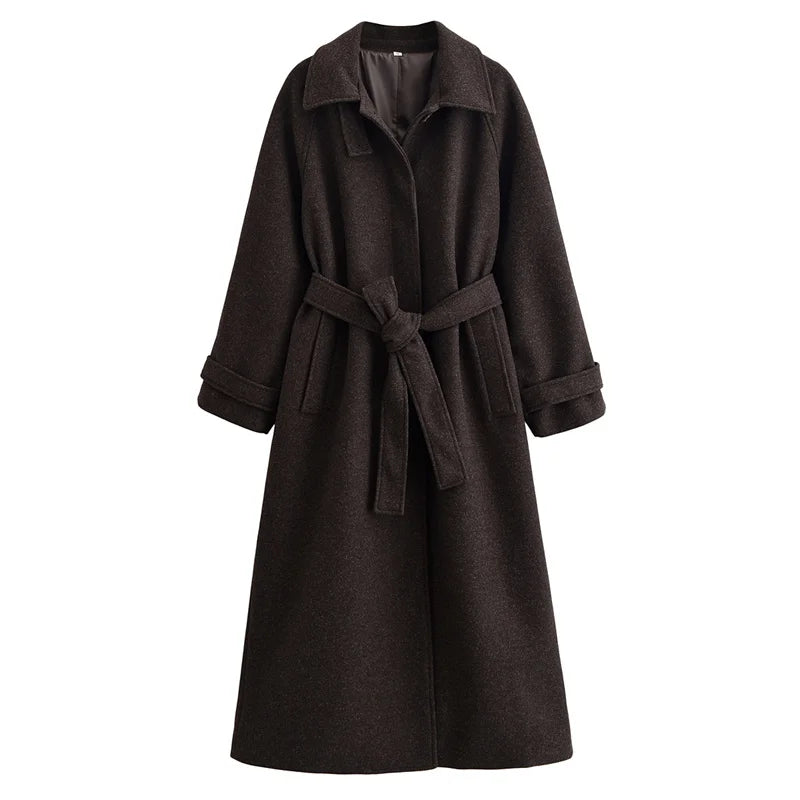 Women's Coat 2025 Winter New Style Dark Brown Long-Sleeve Belted Loose-Fit Long Woolen Coat Fashionable and Stylish
