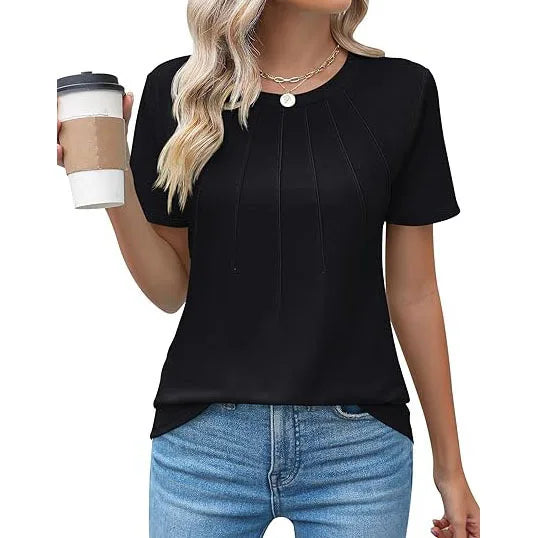 Women's Clothing European American T-shirt Tops Tees spring summer women's round neck pleated short sleeved solid color T-Shirts