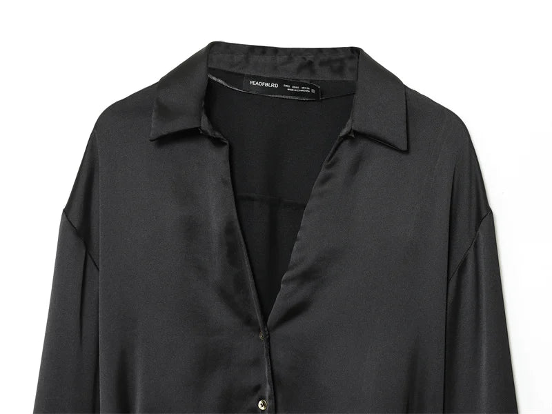 Women's Shirt 2025 Autumn New Arrival Black Long-Sleeve Satin Tie Simple Style Shirt Casual Fashion Elegant and Graceful