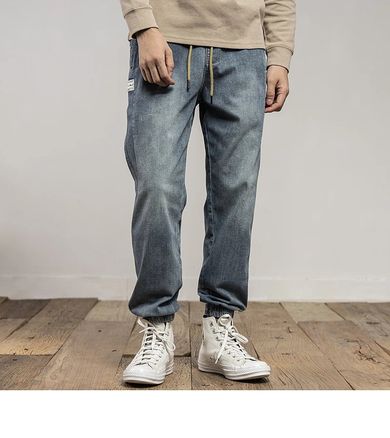 Classic Washed Blue Denim Jeans for Men American Minimalist Loose Tapered Pants Versatile for Outdoor Wear Elastic Waistband