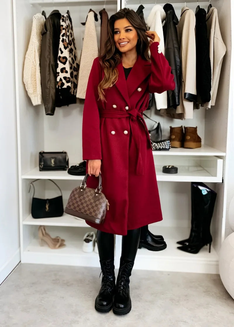 Women's Woolen Coat Autumn Winter Vintage Elegant Double Breasted Trench Coat Women Brown Long Sleeved Midi Windbreaker Jacket