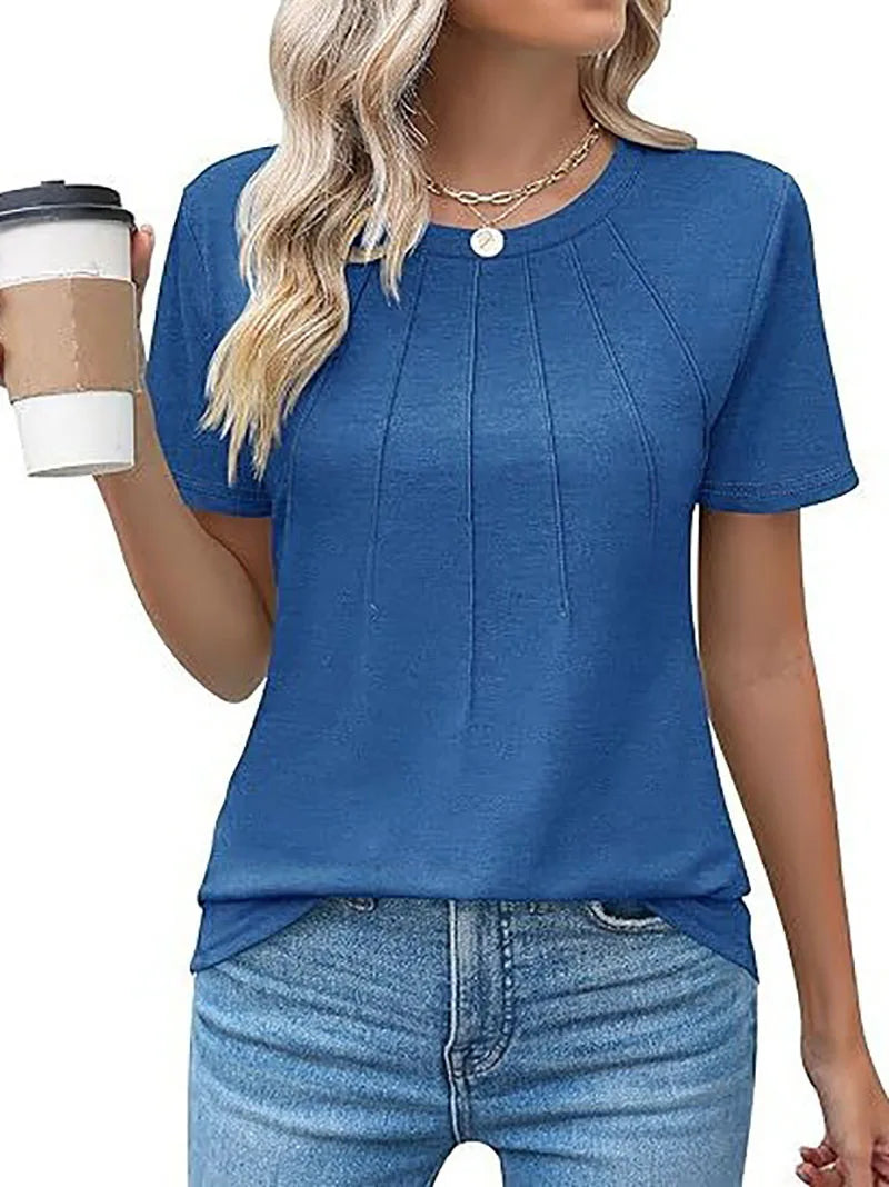 Women's Clothing European American T-shirt Tops Tees spring summer women's round neck pleated short sleeved solid color T-Shirts