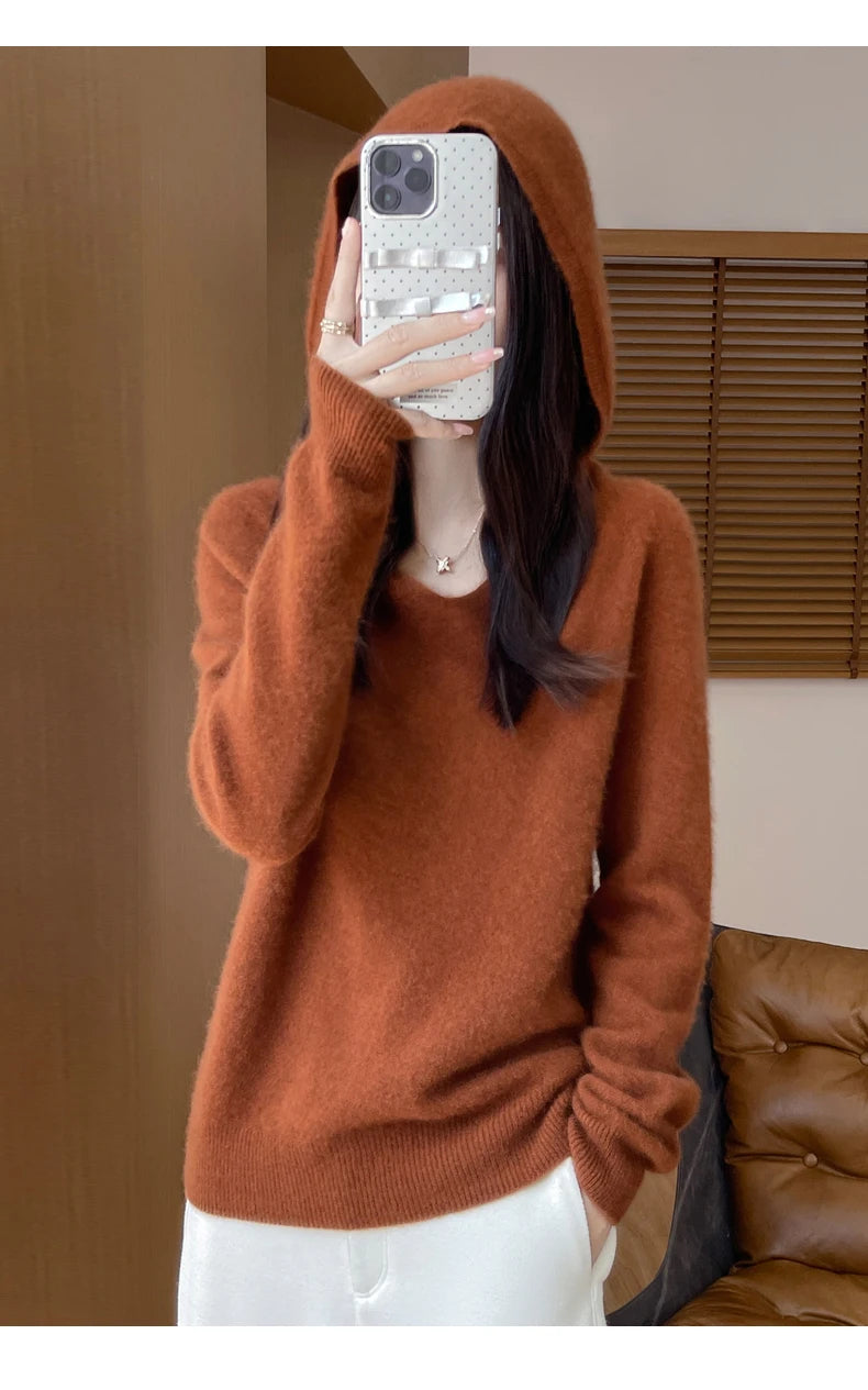 Women Autumn Winter Clothing Hooded Collar Pullover 100% Merino Wool Sweater New Fashion Cashmere Tops Bottoming Knitwear Soft