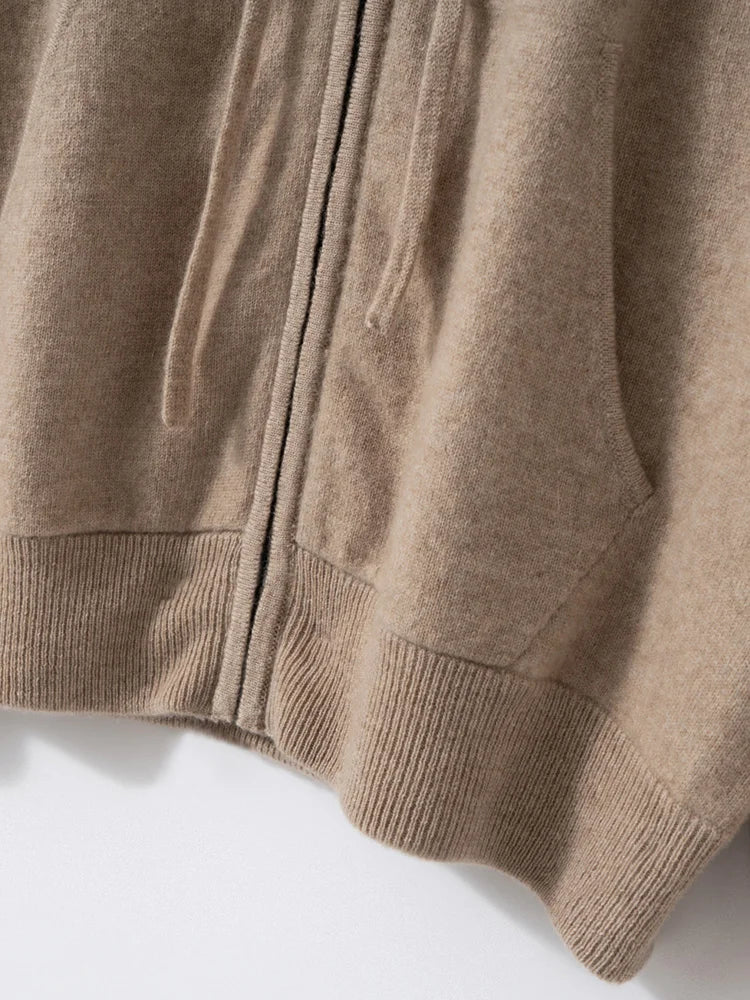 New Women 100% Cashmere Sweater Hooded Zipper Cardigan Cashmere  Autumn Winter Soft Long Sleeve Casual Simple Style Clothing Top