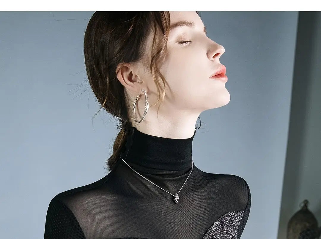 Women's Clothing Sexy See Through Mesh Patchwork Black Basic T-Shirts High Collar Elegant Chic Bright Silk Long Sleeve Slim Tops