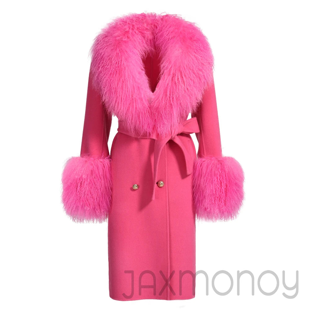 Women Cashmere Wool Coat With Real Mongolian Sheep Fur Collar  Ladies Autumn Winter Fashion Long Outwear Full Sleeve Fur Jacket