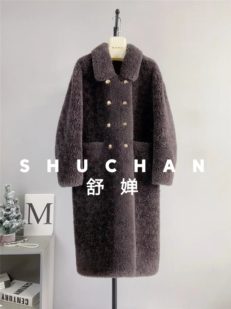 100% Wool Coat Women New Warm Sheep Shearing Long Solid Color Long Coat Lamb Wool casacos femininos inverno 2025