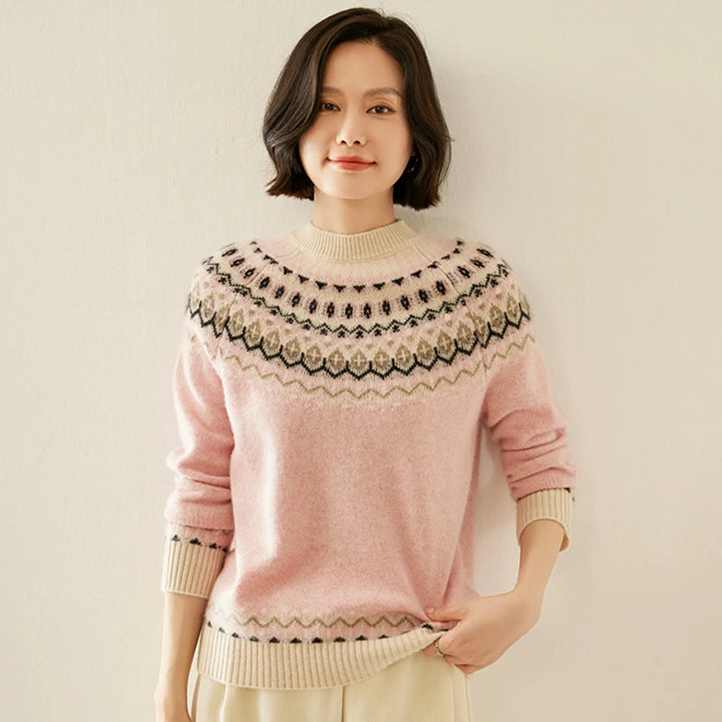 Autumn And Winter New Cashmere Sweater Fashion Women's Retro Round Neck Jacquard Cashmere Knitted Bottoming Shirt With Sweater