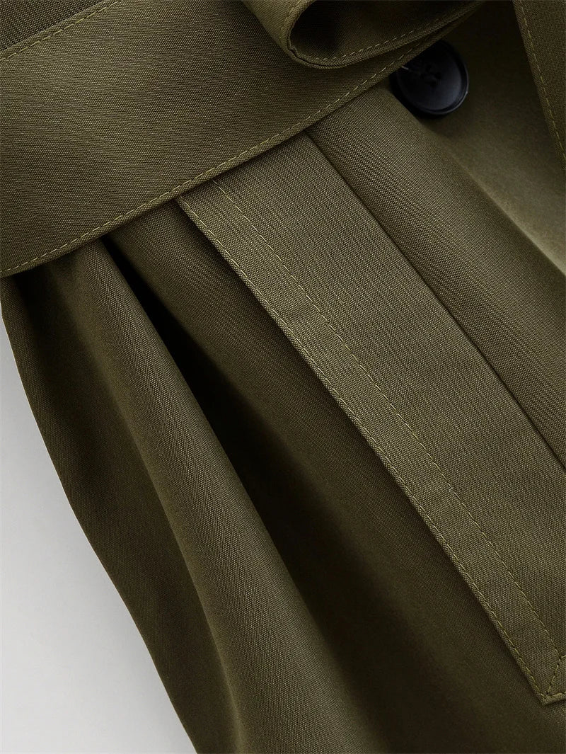 Women's Trench Coat 2025 Autumn New Style Army Green Long Sleeve Double-Breasted Belt Decorated Trench Coat Outerwear British