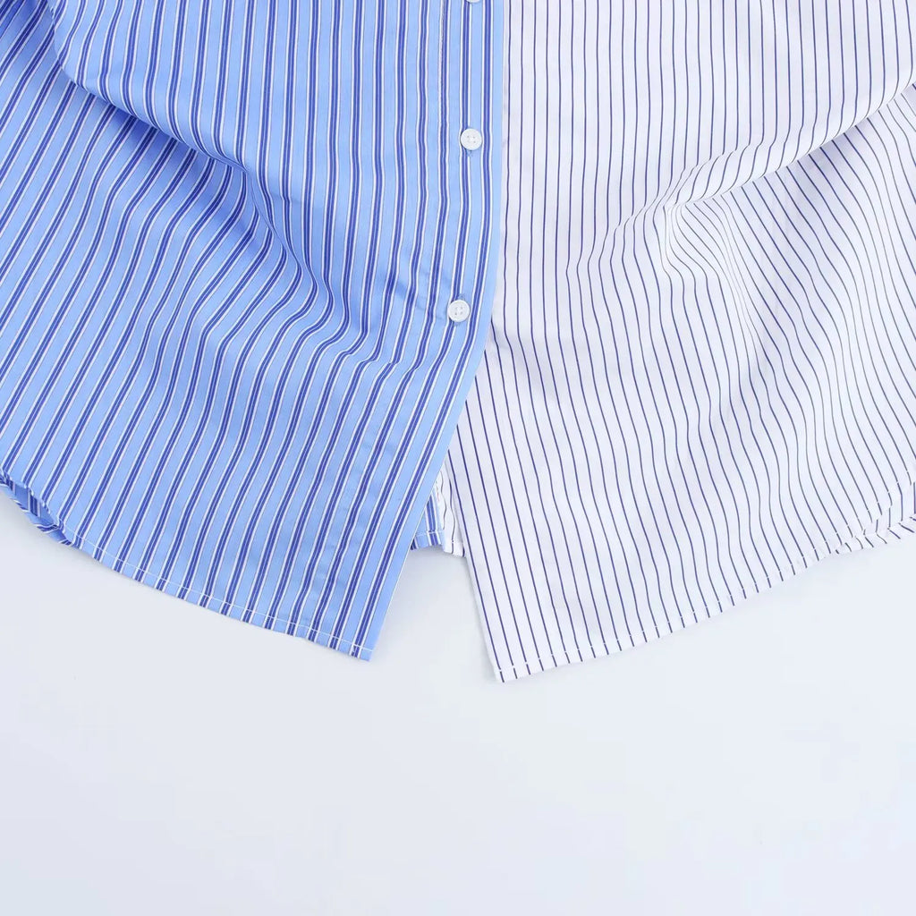 HH Women Elegant Commuter Shirt Splicing Loose Striped Single-breasted Lapel Blouse Female Spring Casual Long-sleeved Top