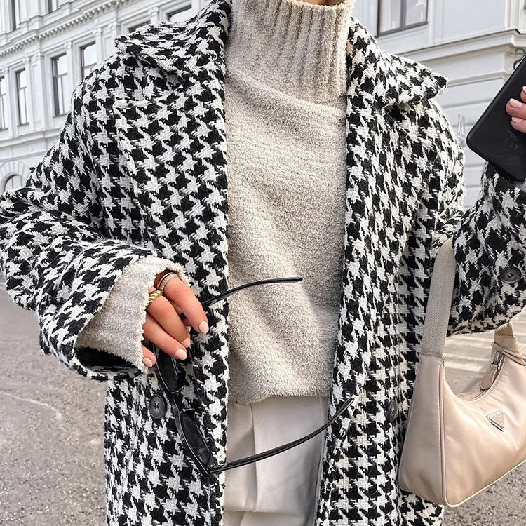Long Coat Women Coats Work Turn Down Collar Houndstooth Thick Work Trench Streetwear Elegant Jackets Open Stith Autumn Winter