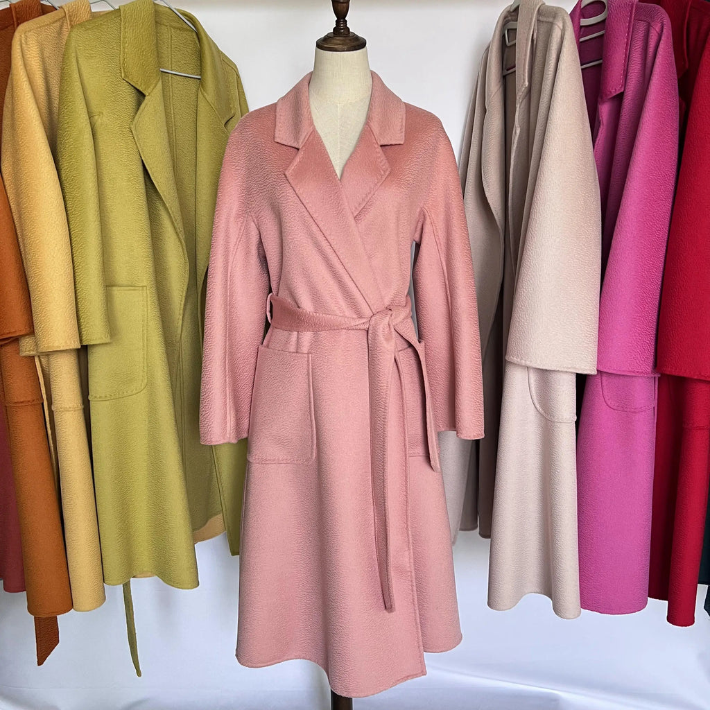 Cashmere Coat Female Winter Mid-Length Corrugated Coat Black Wool Coat Woman Autumn New Casual Fashion Red Beige Lace-Up Coat