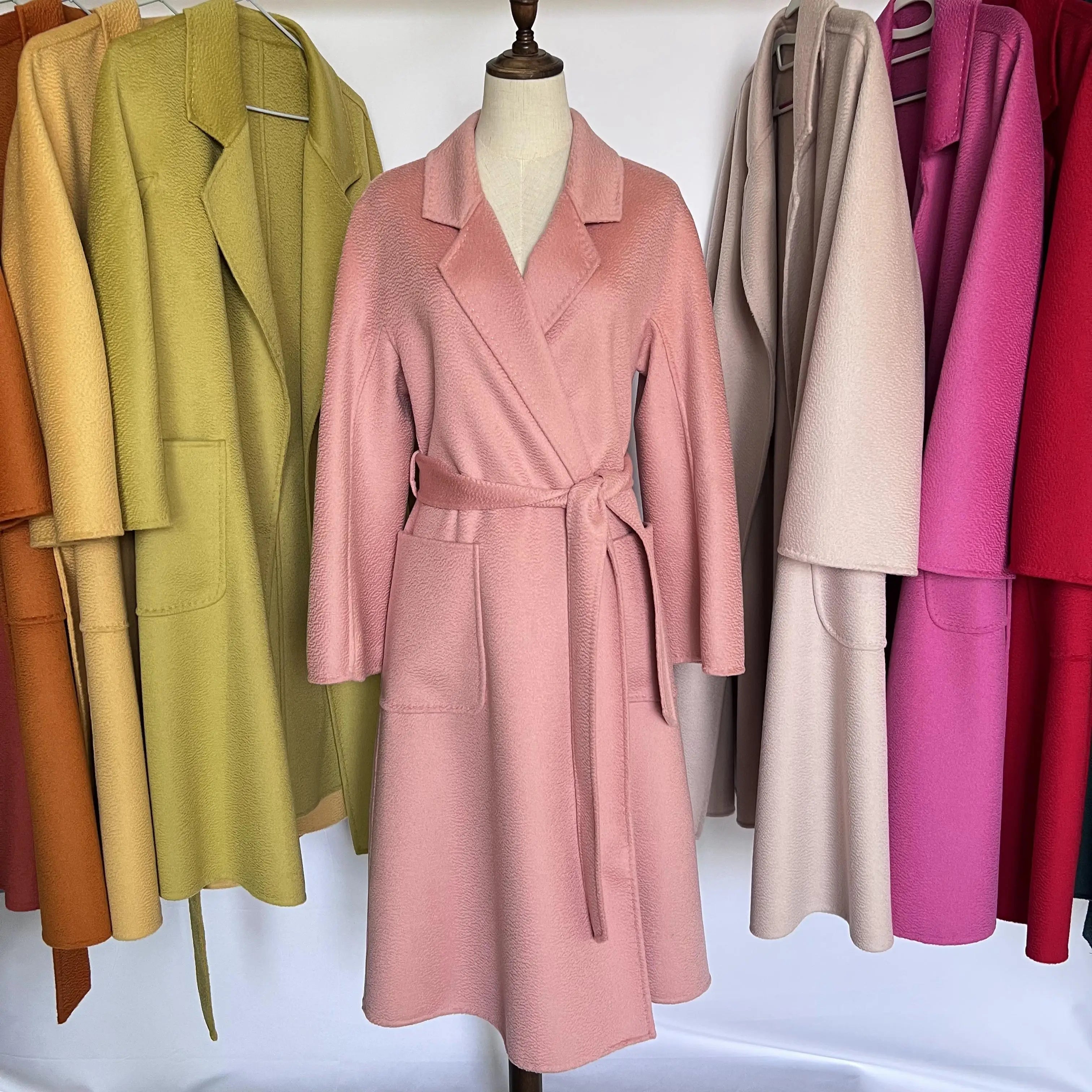 Cashmere Coat Female Winter Mid-Length Corrugated Coat Black Wool Coat Woman Autumn New Casual Fashion Red Beige Lace-Up Coat