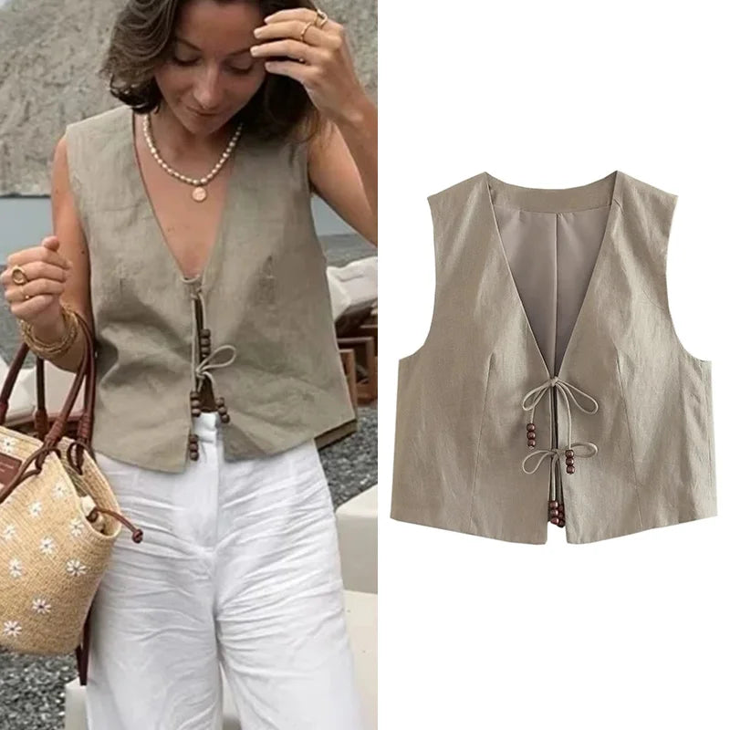 MUJER Beading Sleeveless Vest Woman V Neck Black Cropped Vest Women Jacket Tied Short Coats Waistcoat Women's Fashion Vests 2025