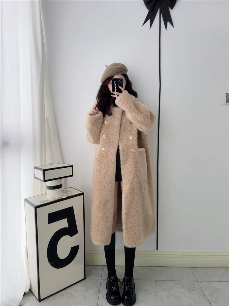 100% Wool Coat Women New Warm Sheep Shearing Long Solid Color Long Coat Lamb Wool casacos femininos inverno 2025